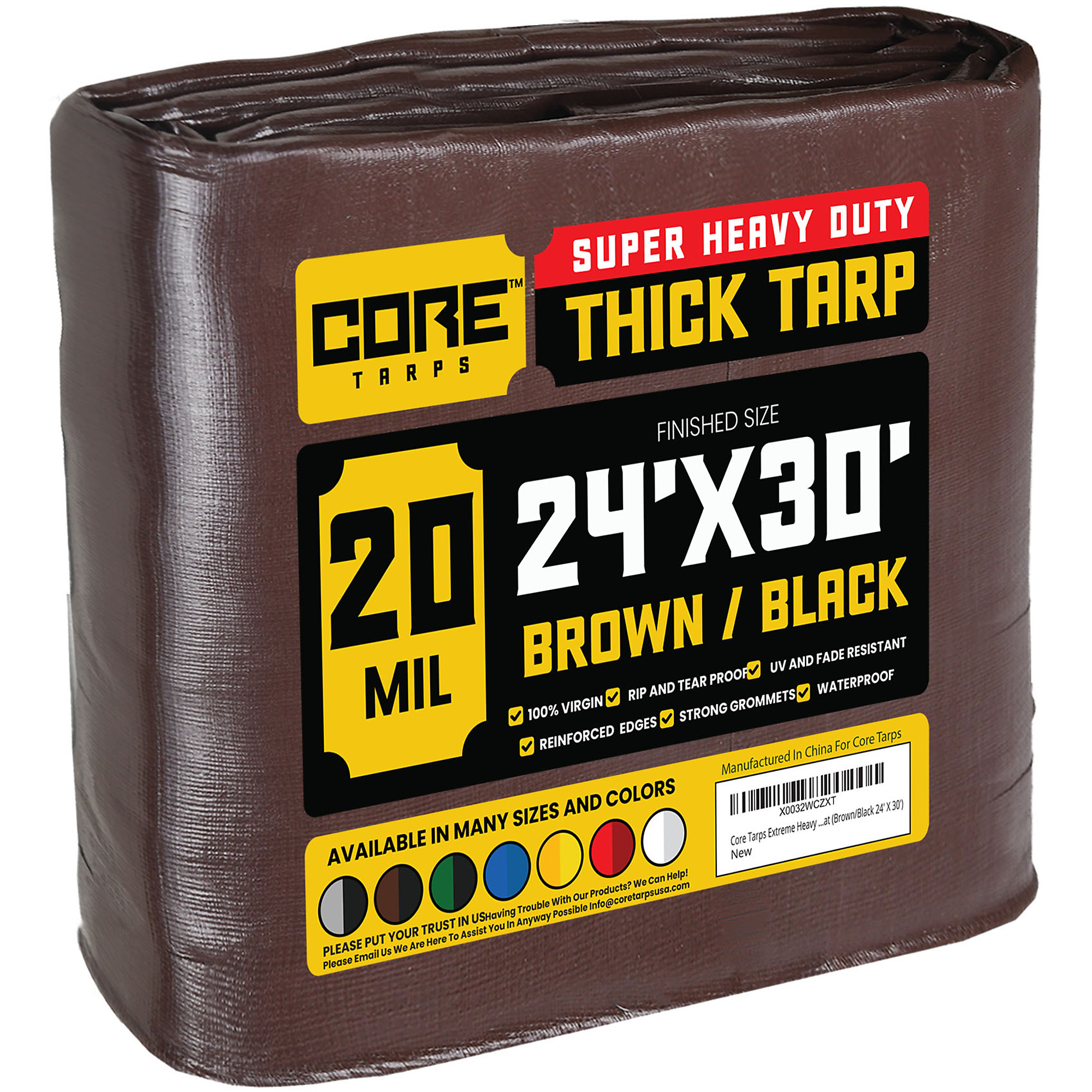Core Tarps Extreme Heavy-Duty Tarp Cover — 24ft. x 30ft., 20 Mil, Waterproof, UV Resistant, Rip and Tear Proof, Reinforced Edges, Brown/Black, Model# CT-702-24X30